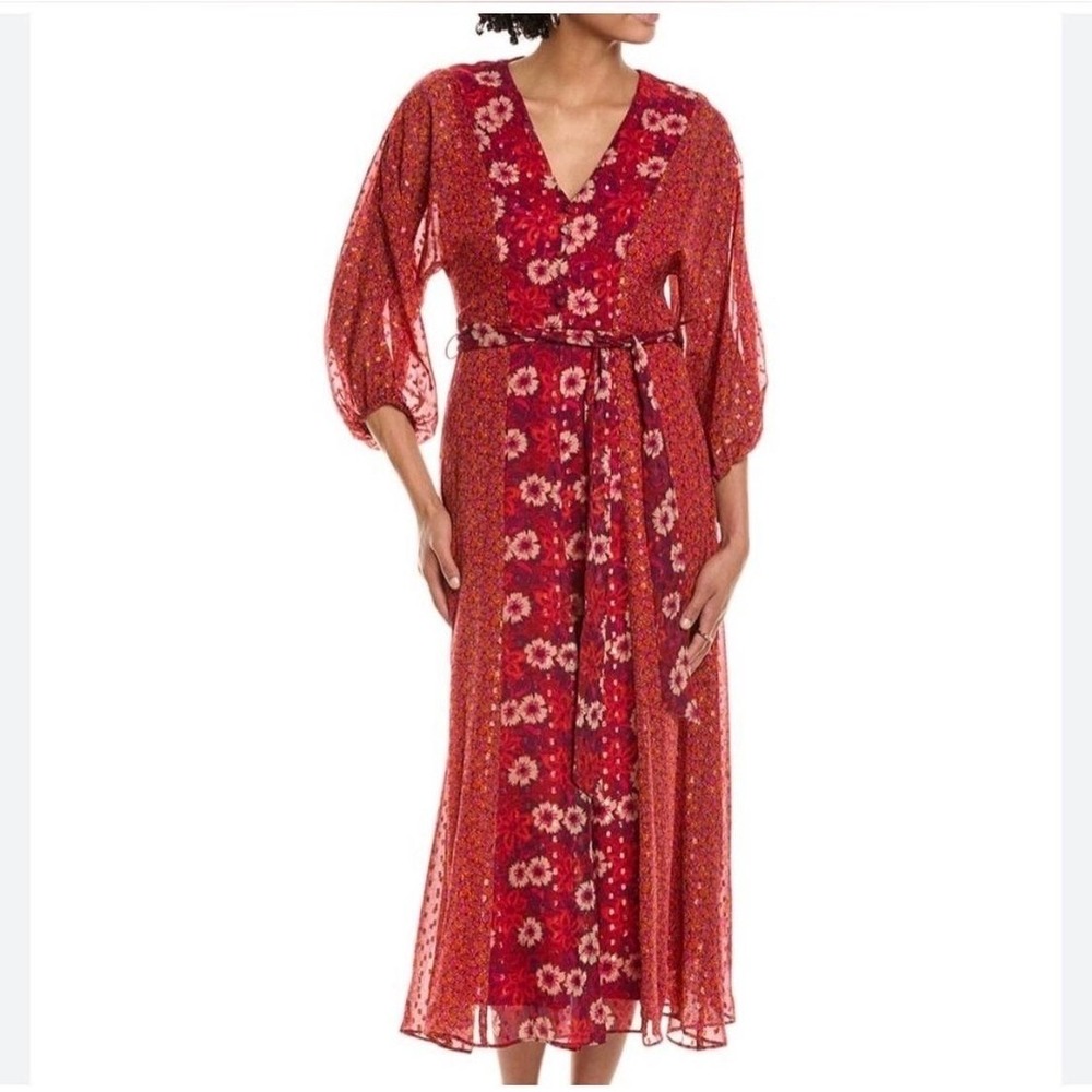 Taylor Maxi Dress 8 Orange Floral Boho Metallic Clip Dot Balloon Sleeve V-Neck